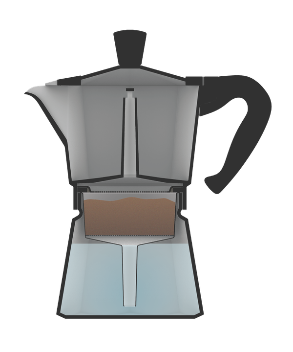 Cross section view of a moka pot filled with water and coffee.