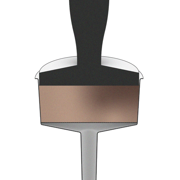 A diagram of a moka pot basket filled with coffee grounds being tamped. The puck of coffee contains denser regions represented by a darker brown.