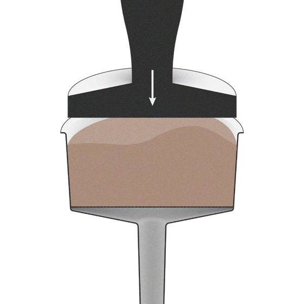 A diagram of a moka pot basket containing a heap of coffee grounds. A tamper is moving towards the grounds to compress them.